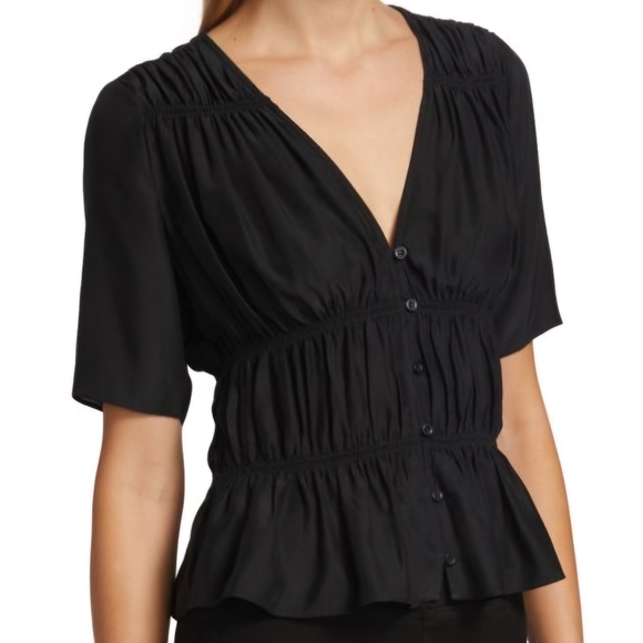 NWOT FRAME Julianne Ruched Top in Noir- Women's size XL - Picture 1 of 9